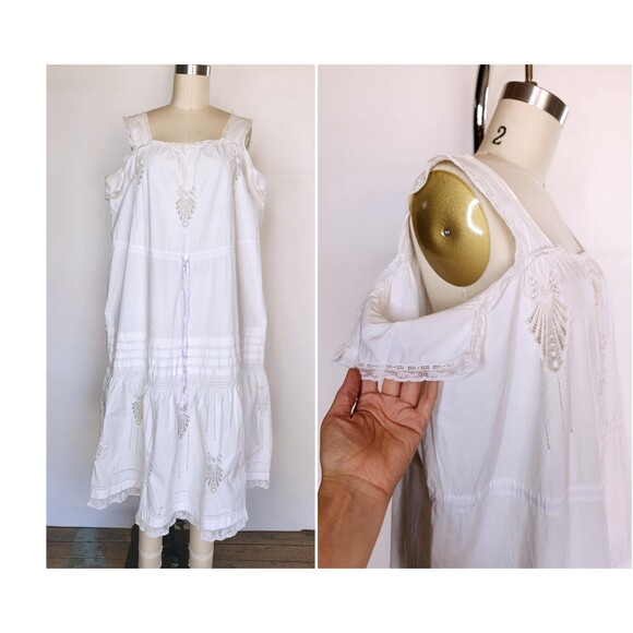 Antique 1900s Edwardian Lace Eyelet White Dress - Prairie - Italian Hand Made OS - Picture 2 of 10